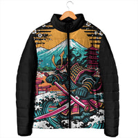 Japanese Samurai Warrior Mount Fuji Padded Jacket Katana Japanese Wave Cherry Blossom Art