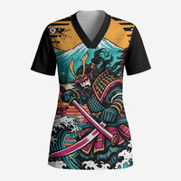 Japanese Samurai Warrior Mount Fuji Scrub Top Katana Japanese Wave Cherry Blossom Art