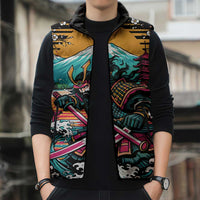 Japanese Samurai Warrior Mount Fuji Sleeveless Puffer Jacket Katana Japanese Wave Cherry Blossom Art