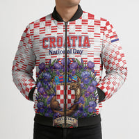 Personalized Croatia National Day Bomber Puffer Jacket Croatian Kuna Heritage Iris Floral