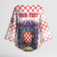 Personalized Croatia National Day Kimono Sleeve Blouse Croatian Kuna Heritage Iris Floral