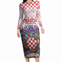 Personalized Croatia National Day Long Sleeve Bodycon Dress Croatian Kuna Heritage Iris Floral