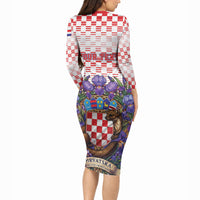 Personalized Croatia National Day Long Sleeve Bodycon Dress Croatian Kuna Heritage Iris Floral