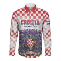 Personalized Croatia National Day Long Sleeve Button Shirt Croatian Kuna Heritage Iris Floral