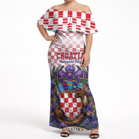 Personalized Croatia National Day Off Shoulder Maxi Dress Croatian Kuna Heritage Iris Floral