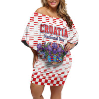 Personalized Croatia National Day Off Shoulder Short Dress Croatian Kuna Heritage Iris Floral