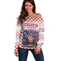 Personalized Croatia National Day Off Shoulder Sweater Croatian Kuna Heritage Iris Floral
