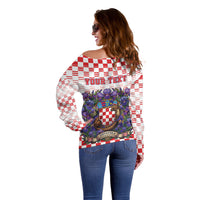 Personalized Croatia National Day Off Shoulder Sweater Croatian Kuna Heritage Iris Floral