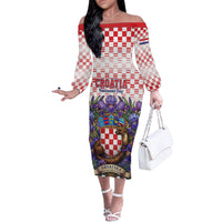 Personalized Croatia National Day Off The Shoulder Long Sleeve Dress Croatian Kuna Heritage Iris Floral