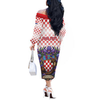 Personalized Croatia National Day Off The Shoulder Long Sleeve Dress Croatian Kuna Heritage Iris Floral