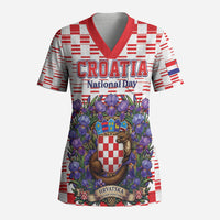 Personalized Croatia National Day Scrub Top Croatian Kuna Heritage Iris Floral