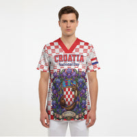 Personalized Croatia National Day Scrub Top Croatian Kuna Heritage Iris Floral