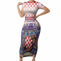 Personalized Croatia National Day Short Sleeve Bodycon Dress Croatian Kuna Heritage Iris Floral