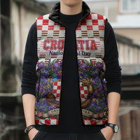 Personalized Croatia National Day Sleeveless Puffer Jacket Croatian Kuna Heritage Iris Floral
