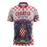 Personalized Croatia National Day Zipper Polo Shirt Croatian Kuna Heritage Iris Floral