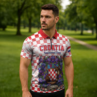 Personalized Croatia National Day Zipper Polo Shirt Croatian Kuna Heritage Iris Floral