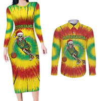 Personalized Lithuania Christmas Tie Dye Couples Matching Long Sleeve Bodycon Dress and Long Sleeve Button Shirt Skeleton Basketball Slam Dunk LT19