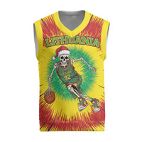 Personalized Lithuania Christmas Tie Dye Christmas Knitted V-Neck Vest Skeleton Basketball Slam Dunk - Wonder Print Shop