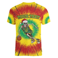 Personalized Lithuania Christmas Tie Dye Women V-Neck T-Shirt Skeleton Basketball Slam Dunk LT19