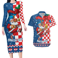 Funny Croatia Ugly Christmas Couples Matching Long Sleeve Bodycon Dress and Hawaiian Shirt Checkerboard Flag Santa Zagreb Design - Wonder Print Shop