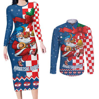 Funny Croatia Ugly Christmas Couples Matching Long Sleeve Bodycon Dress and Long Sleeve Button Shirt Checkerboard Flag Santa Zagreb Design - Wonder Print Shop