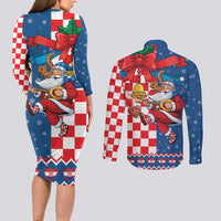 Funny Croatia Ugly Christmas Couples Matching Long Sleeve Bodycon Dress and Long Sleeve Button Shirt Checkerboard Flag Santa Zagreb Design - Wonder Print Shop
