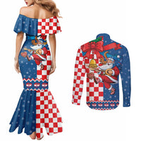 Funny Croatia Ugly Christmas Couples Matching Mermaid Dress and Long Sleeve Button Shirt Checkerboard Flag Santa Zagreb Design - Wonder Print Shop