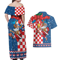 Funny Croatia Ugly Christmas Couples Matching Off Shoulder Maxi Dress and Hawaiian Shirt Checkerboard Flag Santa Zagreb Design - Wonder Print Shop