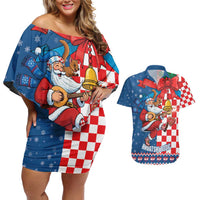 Funny Croatia Ugly Christmas Couples Matching Off Shoulder Short Dress and Hawaiian Shirt Checkerboard Flag Santa Zagreb Design - Wonder Print Shop