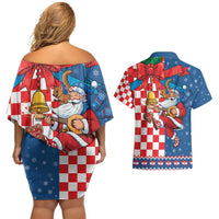 Funny Croatia Ugly Christmas Couples Matching Off Shoulder Short Dress and Hawaiian Shirt Checkerboard Flag Santa Zagreb Design - Wonder Print Shop