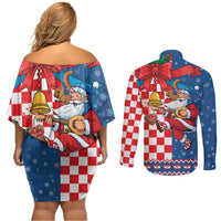 Funny Croatia Ugly Christmas Couples Matching Off Shoulder Short Dress and Long Sleeve Button Shirt Checkerboard Flag Santa Zagreb Design - Wonder Print Shop