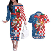 Funny Croatia Ugly Christmas Couples Matching Off The Shoulder Long Sleeve Dress and Hawaiian Shirt Checkerboard Flag Santa Zagreb Design - Wonder Print Shop