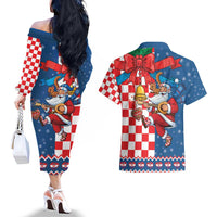 Funny Croatia Ugly Christmas Couples Matching Off The Shoulder Long Sleeve Dress and Hawaiian Shirt Checkerboard Flag Santa Zagreb Design - Wonder Print Shop