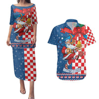 Funny Croatia Ugly Christmas Couples Matching Puletasi and Hawaiian Shirt Checkerboard Flag Santa Zagreb Design - Wonder Print Shop