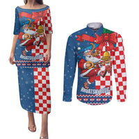 Funny Croatia Ugly Christmas Couples Matching Puletasi and Long Sleeve Button Shirt Checkerboard Flag Santa Zagreb Design - Wonder Print Shop