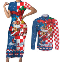 Funny Croatia Ugly Christmas Couples Matching Short Sleeve Bodycon Dress and Long Sleeve Button Shirt Checkerboard Flag Santa Zagreb Design - Wonder Print Shop