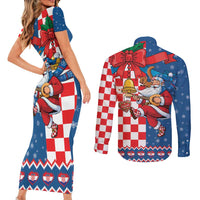 Funny Croatia Ugly Christmas Couples Matching Short Sleeve Bodycon Dress and Long Sleeve Button Shirt Checkerboard Flag Santa Zagreb Design - Wonder Print Shop