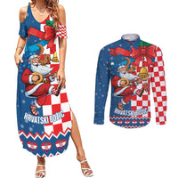 Funny Croatia Ugly Christmas Couples Matching Summer Maxi Dress and Long Sleeve Button Shirt Checkerboard Flag Santa Zagreb Design - Wonder Print Shop