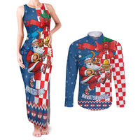 Funny Croatia Ugly Christmas Couples Matching Tank Maxi Dress and Long Sleeve Button Shirt Checkerboard Flag Santa Zagreb Design - Wonder Print Shop