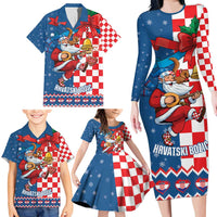 Funny Croatia Ugly Christmas Family Matching Long Sleeve Bodycon Dress and Hawaiian Shirt Checkerboard Flag Santa Zagreb Design - Wonder Print Shop