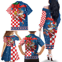 Funny Croatia Ugly Christmas Family Matching Off The Shoulder Long Sleeve Dress and Hawaiian Shirt Checkerboard Flag Santa Zagreb Design - Wonder Print Shop