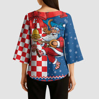 Funny Croatia Ugly Christmas Kimono Sleeve Blouse Checkerboard Flag Santa Zagreb Design - Wonder Print Shop