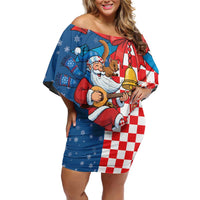 Funny Croatia Ugly Christmas Off Shoulder Short Dress Checkerboard Flag Santa Zagreb Design - Wonder Print Shop