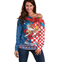Funny Croatia Ugly Christmas Off Shoulder Sweater Checkerboard Flag Santa Zagreb Design - Wonder Print Shop