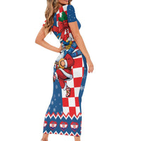 Funny Croatia Ugly Christmas Short Sleeve Bodycon Dress Checkerboard Flag Santa Zagreb Design - Wonder Print Shop