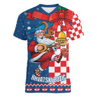 Funny Croatia Ugly Christmas Women V-Neck T-Shirt Checkerboard Flag Santa Zagreb Design - Wonder Print Shop