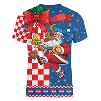 Funny Croatia Ugly Christmas Women V-Neck T-Shirt Checkerboard Flag Santa Zagreb Design - Wonder Print Shop