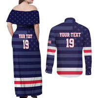 Custom USA Ice Hockey Couples Matching Off Shoulder Maxi Dress and Long Sleeve Button Shirt United States Eagle Mascot Style