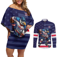 Custom USA Ice Hockey Couples Matching Off Shoulder Short Dress and Long Sleeve Button Shirt United States Eagle Mascot Style