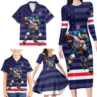 Custom USA Ice Hockey Family Matching Long Sleeve Bodycon Dress and Hawaiian Shirt United States Eagle Mascot Style